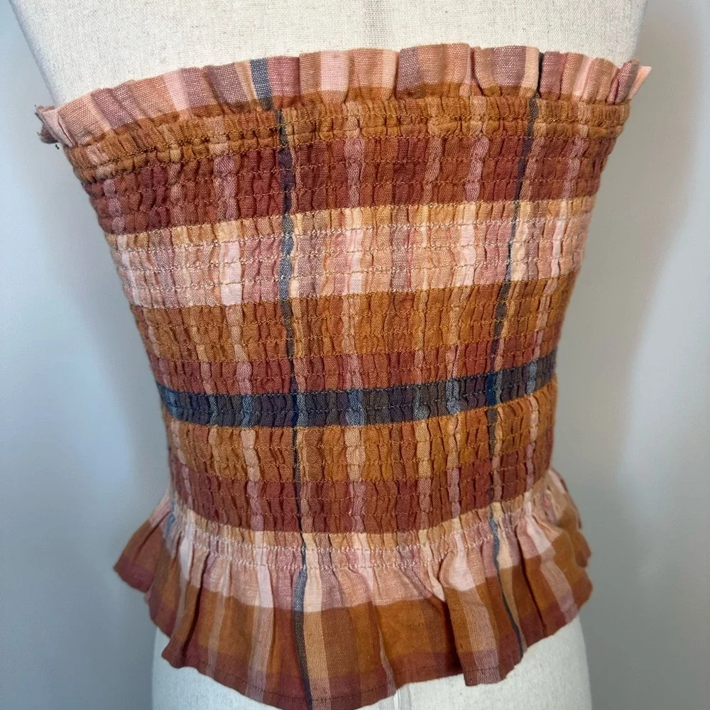 Sz M American Eagle smocked strapless tube top ruffled plaid linen warm tone